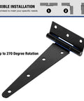 Beefy Heavy Duty 10 Inch T Strap Gate Hinges 2 Pack For Barn Fence Doors Exterior Interior Wood Cabinet Shed Shop Black 270 Degree Swing Tee Hinges Hardware Kit, black steel hinge shown open
