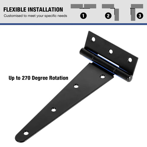 Beefy Heavy Duty 10 Inch T Strap Gate Hinges 2 Pack For Barn Fence Doors Exterior Interior Wood Cabinet Shed Shop Black 270 Degree Swing Tee Hinges Hardware Kit, black steel hinge shown open