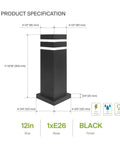 Round 18 Inch All Weather Outdoor Bollard Light Fixture With 60W E26 Socket 120V Dimmable Waterproof Compatible LED CFL Incandescent Bulbs ETL Listed Black Landscape Pathway Lantern with product specifications.