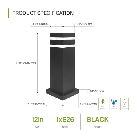 Round 18 Inch All Weather Outdoor Bollard Light Fixture With 60W E26 Socket 120V Dimmable Waterproof Compatible LED CFL Incandescent Bulbs ETL Listed Black Landscape Pathway Lantern with product specifications.