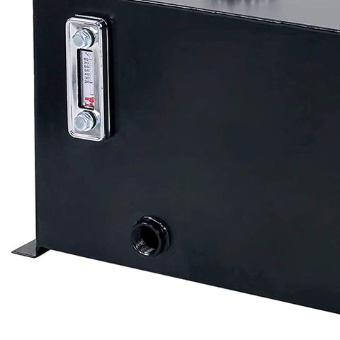 Close-up of 10 Gallon Welded Steel Hydraulic Reservoir Tank 14 Gauge Metal Construction Black Finish With 2 Inch Suction Port