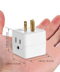 Three Outlet Wall Tap Cube Power Adapter With 90 Degree Plug For Home Or Travel Expands Outlets From A Wall Socket With 3 Prong Splitter ETL Listed 125V Three Way Plug Converter on a hand for scale