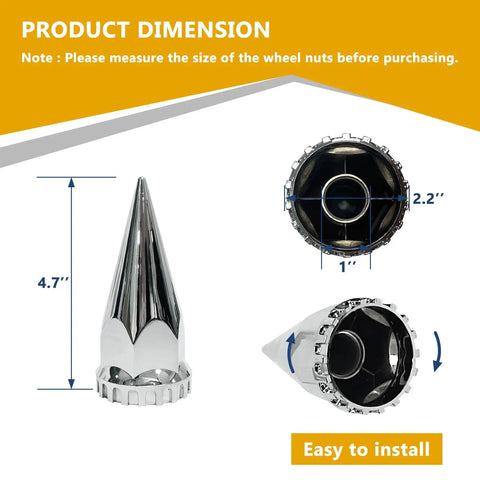 20 Pack Chrome Spike Lug Nut Covers For Semi Trucks 33mm Thread On ABS Plastic Rust Resistant Screw On Nut Covers With Sharp Spikes And That High Gloss Chrome Vibe, 4.7-inch tall dimensions shown.