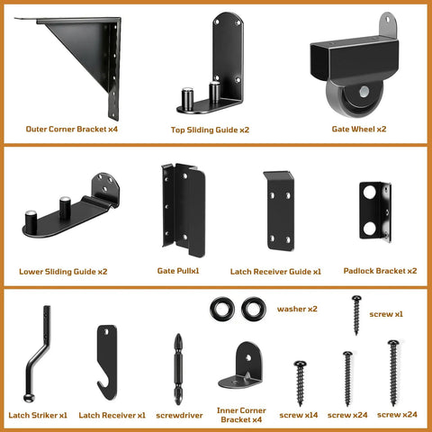Heavy Duty Sliding Gate Kit With Smooth Rolling Wheels For Fences Workhorse Wood Gate Hardware Anti Sag System DIY Install Fits Gates 1 To 2 Inches Thick Durable Galvanized Steel Construction, black steel hardware set parts