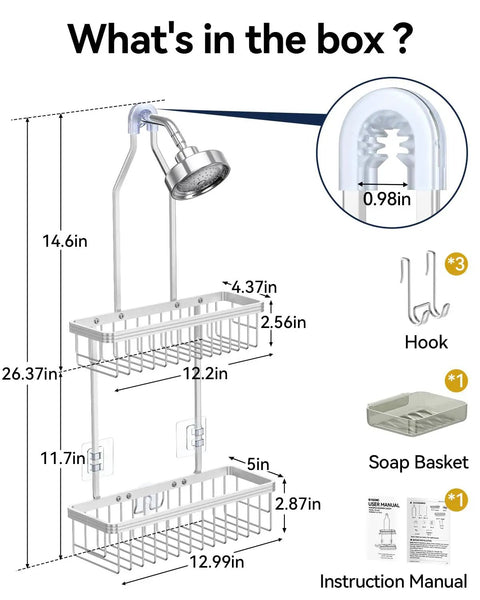 Diagram of Rustproof Aluminum Shower Caddy Hanging Organizer with Two Tier Baskets, Three Removable Hooks, and Soap Dish in Bright Silver.