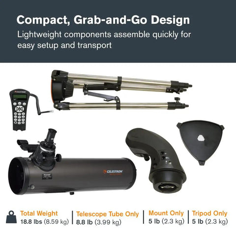 Components of NexStar 130SLT Computerized Telescope With 130mm Aperture Portable Newtonian Reflector SkyAlign Technology.