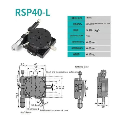 RSP40-L Compact 40mm Manual Sliding Platform Rotary Stage With 360 Degree Optical Adjust Stage Aluminum Micropositioning Platform