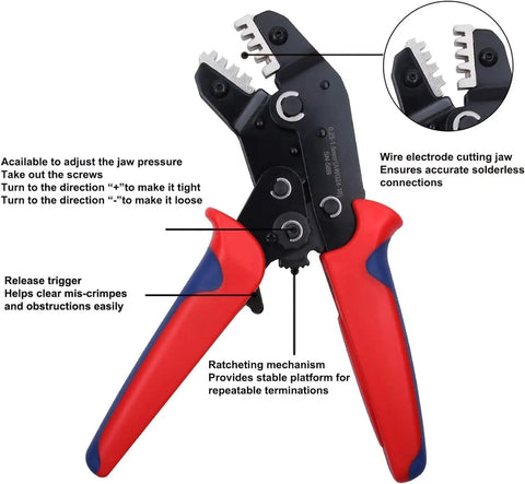 Heavy Duty Ratcheting Crimping Tool With Interchangeable Jaws For Heat Shrink Connectors and Wire Terminals complete with padded grips.
