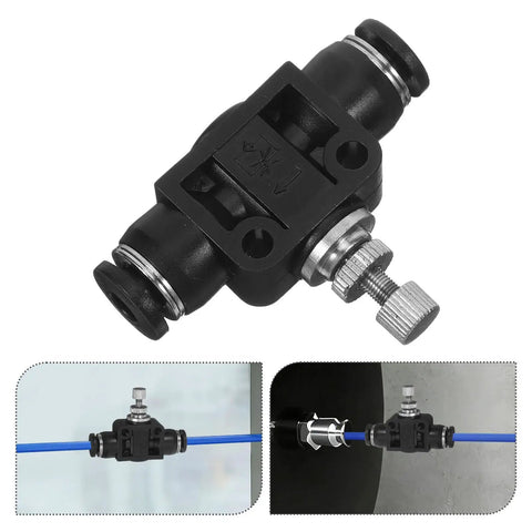 Inline Throttle Valve With Precise Flow Control And Space Saving Design For Air Cylinders And PU Tubes Three Pack Pneumatic Push To Connect Fittings PVC Plastic Ideal For Home Hobby And Industrial Air Systems, black PVC valve with screw adjuster