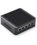 Knockout Micro Firewall Appliance And Mini PC Compatible With Opnsense Pfsense Routers, compact black design with four LAN ports.