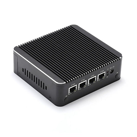 Knockout Micro Firewall Appliance And Mini PC Compatible With Opnsense Pfsense Routers, compact black design with four LAN ports.