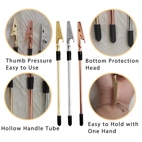 Three Piece Bracelet Helper Tool Set For Easy Necklace And Watch Clasps Zippers And Craft Adjustments In Gold Silver And Rose Gold Finishes