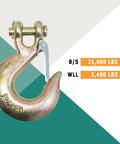 Four Pack 3/8 Inch Grade 70 Forged Clevis Slip Hooks With Safety Latch 21600 Lbs Break Strength Heavy Duty Truck Tow Rigging Gear, close-up.