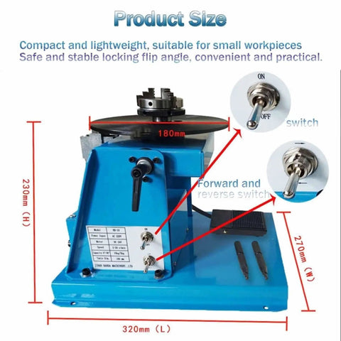 Rock Solid Rotary Welding Positioner Turntable Paired With Dependable Foot Switch Cast Iron Platform with product dimensions.
