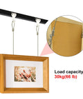 Heavy Duty Picture Rail Hanging System Kit With 66 Lb Max Load, Adjustable Wire Hooks, 3 Ft Cable With Loop, 14 Pack Frames Display Kit, Silver Finish, Easy Wall Art Display Without Damaging Walls showing cable and hook close-up with frame hanging.