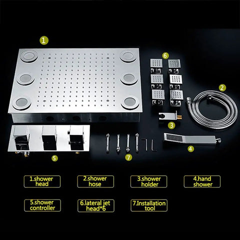 Components of Top Shelf Thermostatic Rainfall Shower Head System Ceiling Mounted Bathroom Combo Set, including valve and shower head.