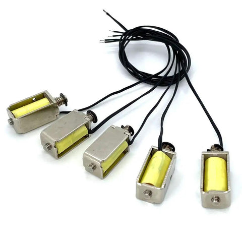 5-pack of 12V DC Micro Push Pull Solenoid Actuators with 4mm stroke and open frame, ideal for compact automation projects, DIY electronics.