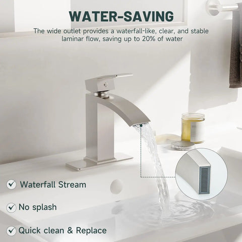 Brushed Nickel Sleek Waterfall Bathroom Faucet With Single Handle For One Hole Sink Brass Modern Commercial Faucet With Pop Up Drain And Supply Line Included showcasing waterfall flow