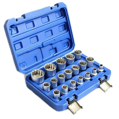 Heavy Duty Spline Socket Set One Half Inch Drive Universal Metric 8 To 32 Millimeter 12 Point Chrome Vanadium Socket Set 19 Pieces