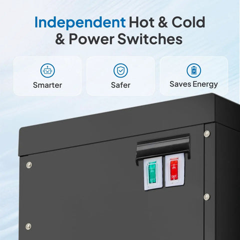 Close-up of power switches on Top Loading Water Cooler Dispenser With Three Temperature Settings, 3L Cold Tank And 1L Hot Tank.