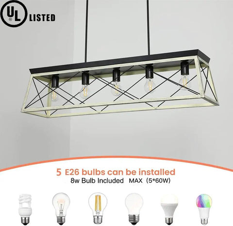 Five Light Industrial Kitchen Island Pendant Light Fixture With Oak White Frame Farmhouse Metal Chandelier Ceiling Hanging