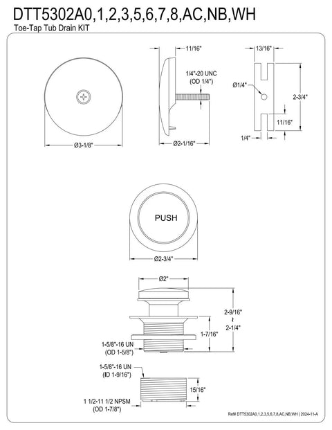 Technical diagram of Easy Touch Toe Tap Tub Drain Kit In Brushed Brass With Adapter Bushing Strainer.