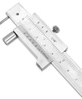 Close-up of Rock Solid Precision Heavy Duty 200mm Vernier Scribing Caliper showing stainless steel scale and measuring tip.