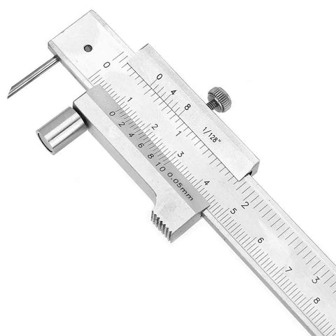 Rock Solid Eight Inch Stainless Scribe Calipers With Replaceable Carbide Tip and Utility Pouch showcasing precise dual scale readouts.