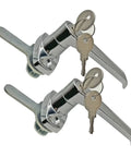 Built Tough L Shape Lever Door Locks For Cabinets Set Of Two Glossy Chrome Plated Zinc Alloy Cam Handles With Rust Proof Coating and Bulletproof Latching System For Desk Drawers, featuring keys and durable design.