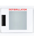 White metal AED cabinet with glass window, red DEFIBRILLATOR text, and black vertical door handle.
