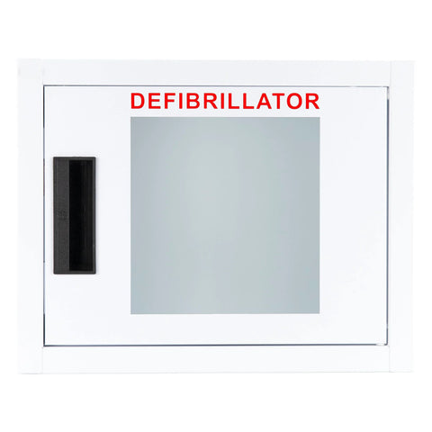 White metal AED cabinet with glass window, red DEFIBRILLATOR text, and black vertical door handle.