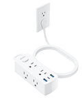 Flat Plug Power Strip With Five Foot Extension Cord Giving Six Wide Spaced AC Outlets Plus Three USB Charging Ports Including One Fast Type C.