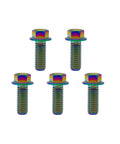 Five rainbow titanium flanged hex bolts, M6 x 1.0 x 16 mm, Ti-6Al-4V aerospace grade, pack of 5