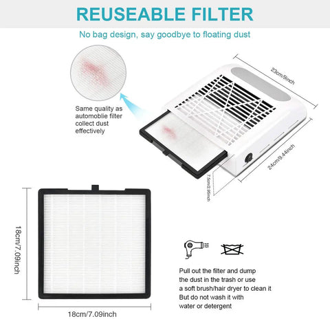 Diagram of Powerful Nail Dust Collector Filters 2 Pack No Spill Replacement for Nail Dust Vacuum Machines Fits 40W 60W 80W