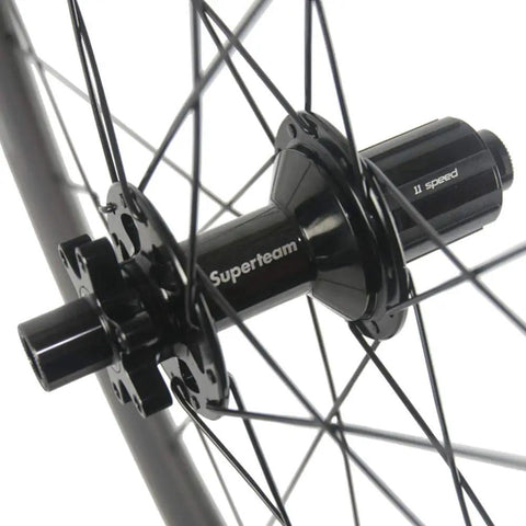 Hub detail of Rad Carbon Road Wheelset 700c Clincher Ride Ready 38mm Deep 23mm Wide Center Lock Thru Axle