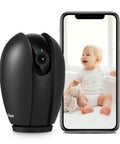 Indoor All-In-One Home Security Cam For Baby Monitoring And Pet Surveillance, shown beside a smartphone display with a baby.