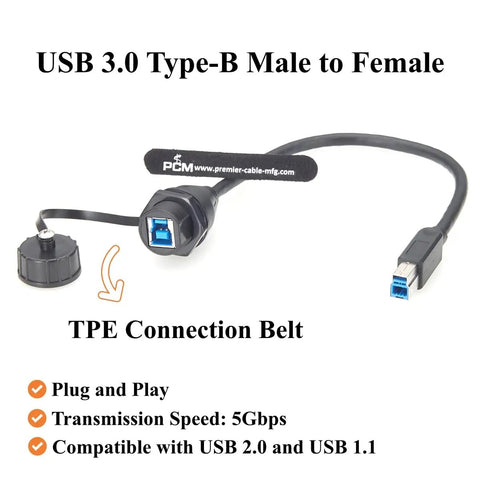 IP67 Waterproof USB 3.0 Type B Bulkhead Panel Mount Cable USB B Male To Female Extension Cable 5Gbps Built For Printers, PLCs, HMIs, CNCs, Industrial Cams And Machine Vision 0.3m TPE cable with bulkhead cap