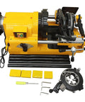 Real Deal 220V Electric Pipe Threader Machine 1HP in yellow, showing adjustable speed, cutter, and accessories for conduit pipes.