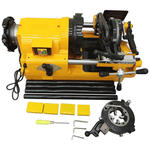 Real Deal 220V Electric Pipe Threader Machine 1HP in yellow, showing adjustable speed, cutter, and accessories for conduit pipes.