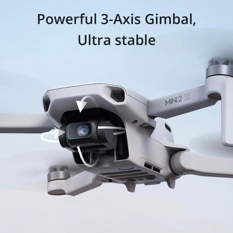 Close-up of ultra lightweight mini drone with QHD video, 3-axis gimbal, and 'Mini 2 SE' label in flight mode.