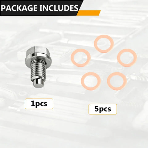 Dude Check This Out M14x1.5 Magnetic Stainless Steel Oil Drain Plug Kit With Copper Gasket For Cars Boats And Motorcycles No Leaks Allowed, 1 plug and 5 washers