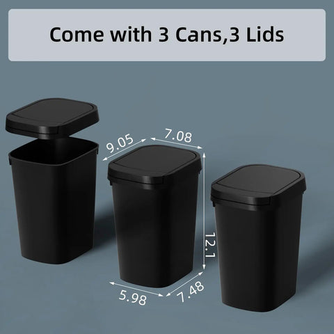 3 Pack Slim Trash Can With Pop Up Lid 2.6 Gallon 10 Liter Black Waste Bins For Bathroom Kitchen Office Bedroom Under Sink