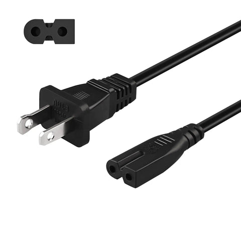 Nine Point Eight Foot Sewing Machine Power Cord 2 Prong Cable for Home Sewing Machines Tough As Nails ABS PC Wire Compatible With Brother Singer Bernina Pfaff Viking White Baby Lock And More shown with close-up of 2-prong plug.