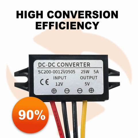Beefy 12V To 5V Buck Converter Module For Cars And Motorcycles, 25W 5A Step Down Regulator, 90% Efficiency Label