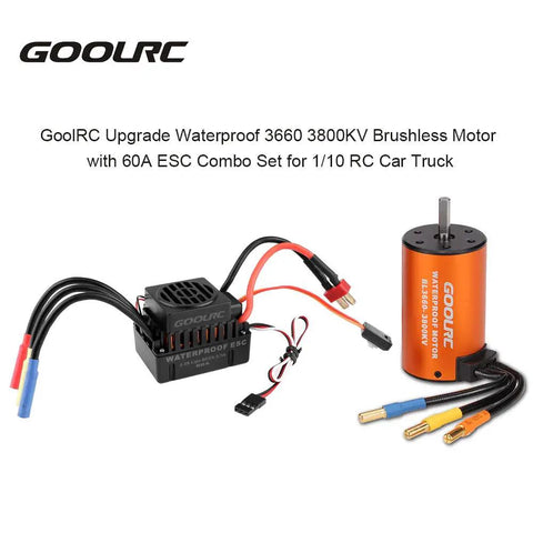 Waterproof 3660 3800KV Brushless Motor And 60A ESC Combo For 1x10 RC Cars And Trucks, orange motor with wires.
