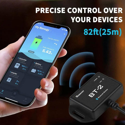 Hand holding phone displaying BT 2 Smart Solar Monitor With Wireless App Control for MPPT Controllers, 82 feet range, waterproof.