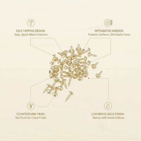 Gold Self-Tapping Picture Frame Screws with Integrated Washers for DIY Crafts shown with design features on light background.