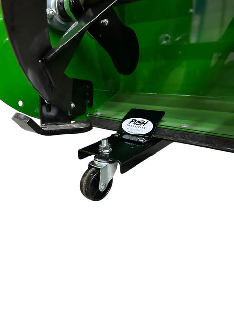 Close-up of heavy-duty dolly on green snow blower, part of Snow Blower Storage Dollies For 44 Inch, 47 Inch, And 54 Inch Snow Blowers Replacement For LP70692.