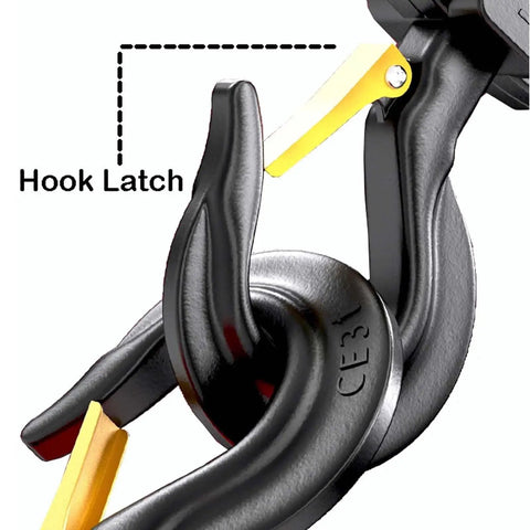 Close-up of durable hook latch on Built Like A Tank One Ton Manual Hand Chain Hoist, showing heavy-duty steel design.