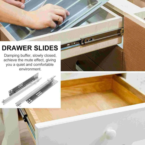 Hands installing full extension drawer slides for cabinets and furniture with telescopic rails, easy tool-free install.